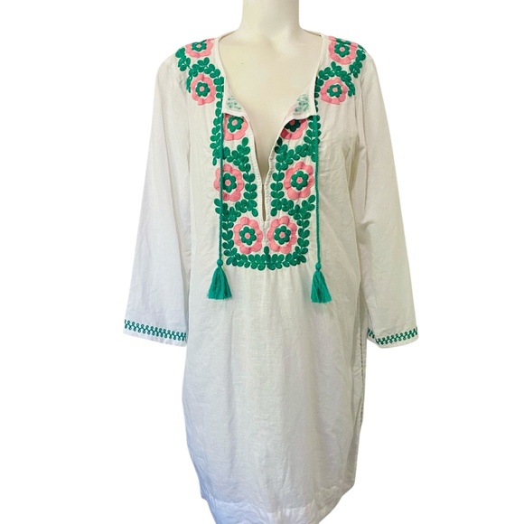 J.Crew Embroidered Linen Cotton Tunic Cover-Up Dress White Floral Tassel Size M - Picture 2 of 8